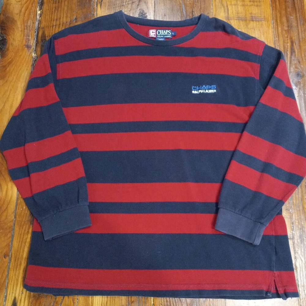 Vtg 90s CHAPS Ralph Lauren Wide Horizontal Navy Blue / Red Stripe  Shirt